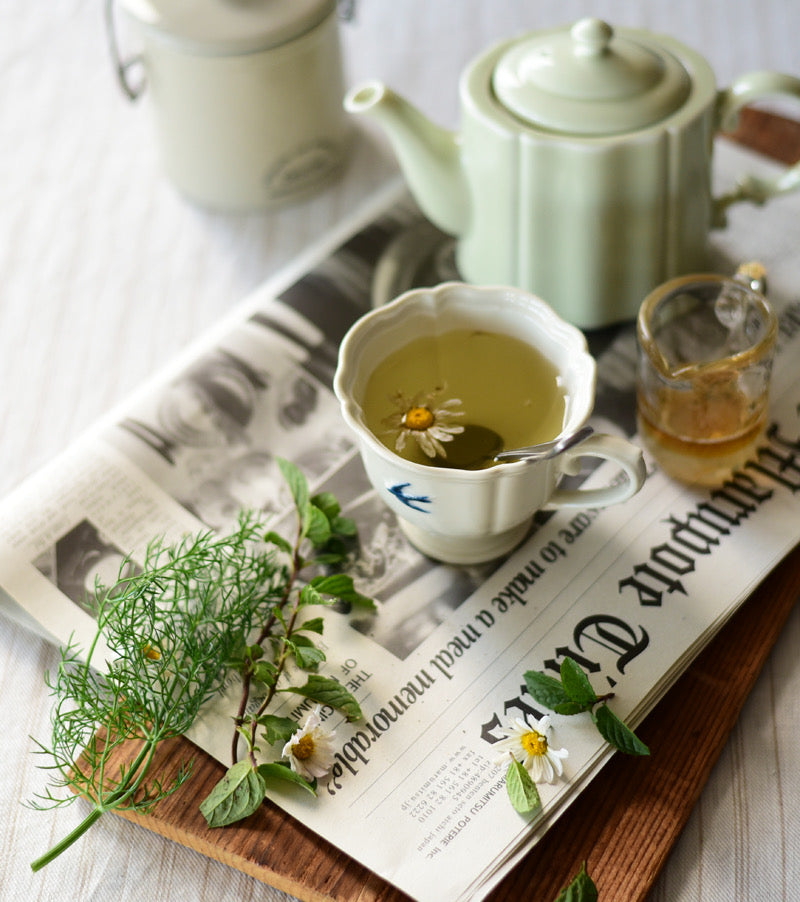 chamomile tea for the evening with ARCHIVE's StudioM Vintage Cup, Early Bird series from our artisanal kitchenwares